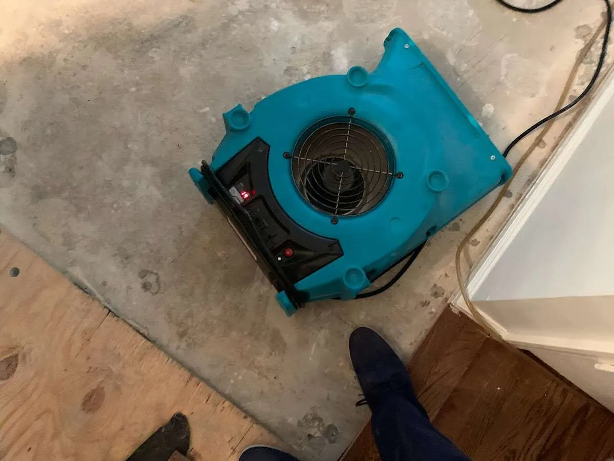 Air mover drying subfloor during Leak Detection & Repair in Kinston